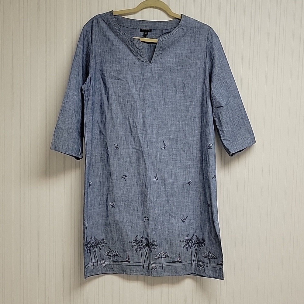 Talbots embroidered chambray shirt dress sz medium coastal grandma beach summer